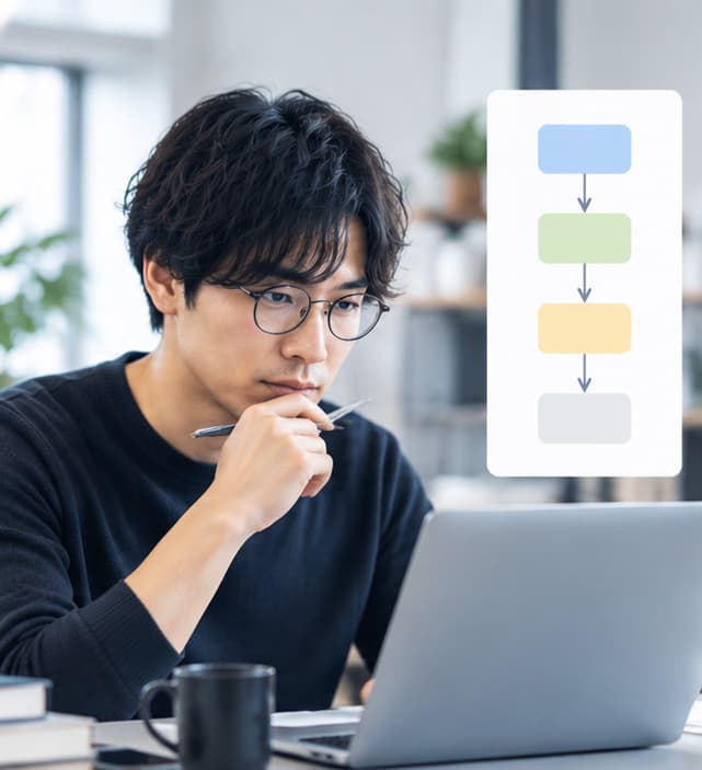 デスクのノートパソコンで業務フロー図を作る担当者
